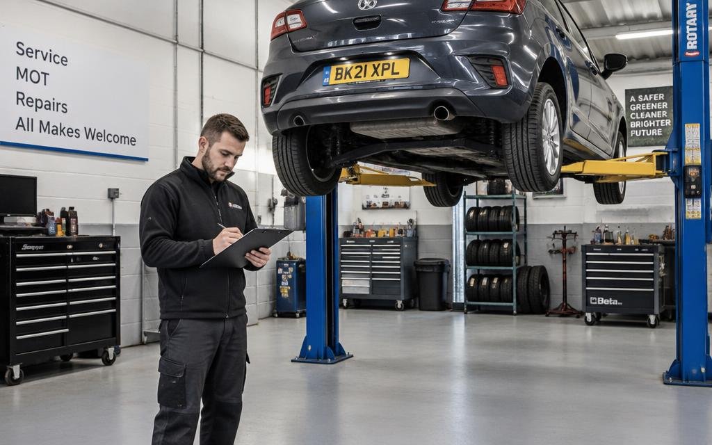 The Garage Blackpool workshop with a car on the ramp